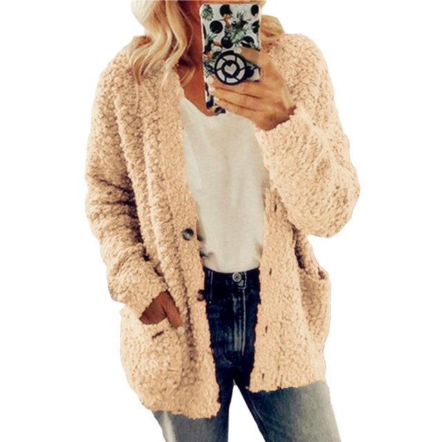 Innerwin Jacket Cardigan Ladies Outwear Party Long Sleeve Fluffy Coat Khaki S