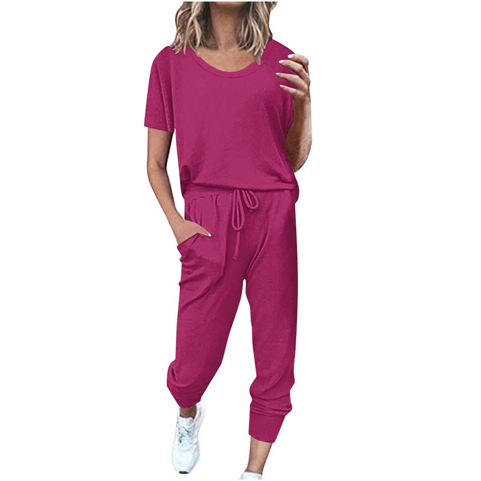 Yuyuzo Ensembles d'Entraînement pour Femmes 2 Pcs T-Shirts à Manches Courtes à Col Ras du Cou Pantalons Jogger à Cordon avec Poches