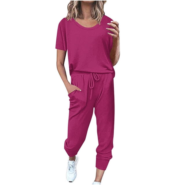 Yuyuzo Womens Workout Sets 2 Piece Short Sleeve Crew Neck T-Shirts Drawstring Jogger Pants with Pockets