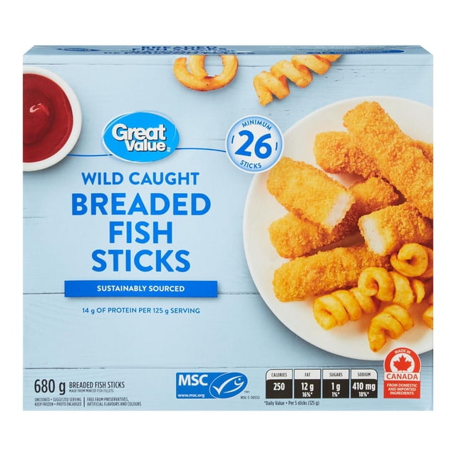Great Value Breaded Fish Sticks package showing wild caught, sustainably sourced breaded fish sticks with a minimum of 26 sticks in a 680 g box, featuring 14 g protein per 125 g serving, nutrition facts, and MSC certification, displayed with a plate of cooked fish sticks and curly fries on a light blue background.