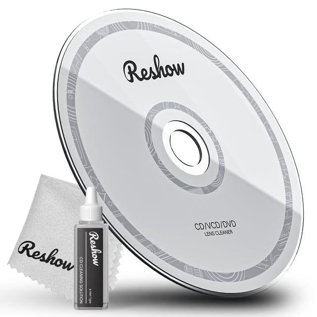 Reshow Trousse de Nettoyage de Disque à Lentilles Laser pour Lecteur CD et DVD, Comprenant un Disque de Nettoyage Gris, une Bouteille de Liquide Nettoyant et un Chiffon de Nettoyage en Microfibre. Conçue pour Nettoyer les Lentilles Optiques Sans Rayer, Cette Trousse Élimine la Poussière, la Saleté et les Empreintes Digitales, Améliorant la Qualité du Son et de l'Image. le Disque de Nettoyage Utilise des Brosses en Microfibre Avancées pour un Nettoyage Sûr et Automatisé, pendant Que le Liquide Nettoyant Assure des Résultats Sans Résidus. Convient à l'Entretien des Lecteurs CD et DVD