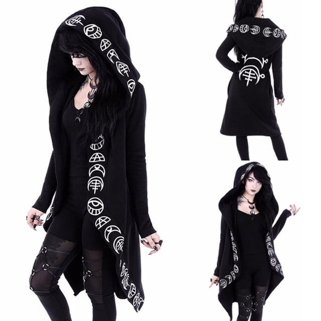 CEHVOM Cardigan Noir à Capuche à Manches Longues Gothique Punk Ample pour Femmes, Veste Manteau à Fermeture Éclair