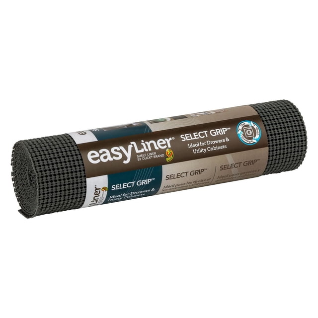 Select Grip EasyLiner Brand Shelf Liner in dark gray, 12 in. x 10 ft., rolled with a textured non-adhesive grip surface on both sides, ideal for protecting drawers and utility cabinets from scratches and keeping items in place, also suitable for lining shelves or toolboxes.