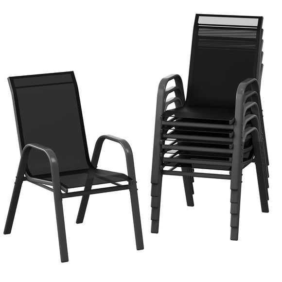 Stackable Patio Dining Chairs Set of 6–All-Weather Outdoor Chairs with Lightweight Black Textilene–High Back, Armrests,140kg Capacity–Perfect for Garden,Pool,Deck, Backyard–Black-Gray Powder Coating