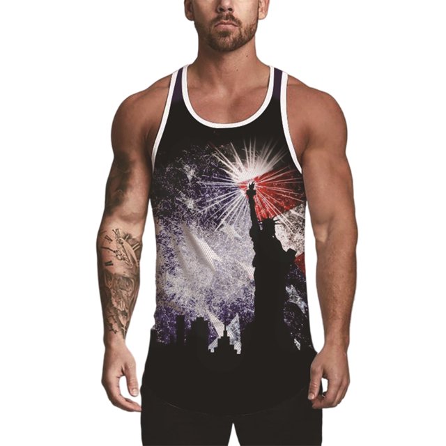 MAWCLOS Débardeurs pour Hommes Imprimé Drapeau Américain Été Col Rond T-Shirts Sans Manches Respirants Style C 2TG