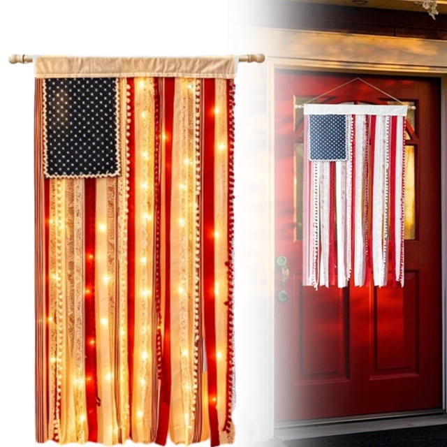 Lighted American Flag Decor, Lighted Rag American Flag Banner, 2026 New Patriotic Wall Hanging, Retro American Ribbon Flag for Outdoor Porch Decoration, Decorative Flag Banner, White