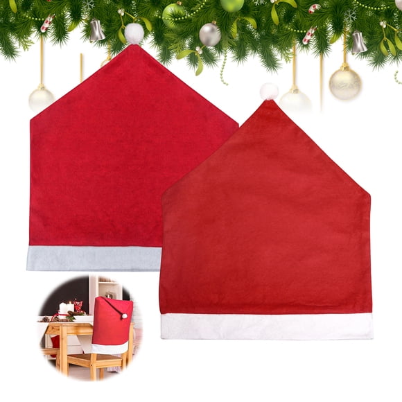 Christmas Chair Cover, Red Santa Hat Dining Chair Slipcover, Holiday Chair Back Cover with Pom Pom for Xmas Kitchen Dinner Room Decoration
