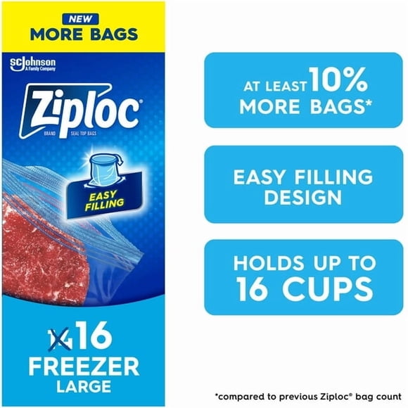 Ziploc® Freezer Bags with Stay Open Technology, Large, 16 Bags