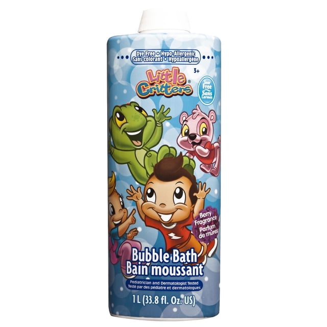 Little Critters Bubble Bath bottle with colorful cartoon characters on a blue bubbly background, including a green frog, pink bear, and two children, labeled dye free, hypo-allergenic, tear free, pediatrician and dermatologist tested, berry fragrance, 1 L (33.8 fl. oz. US), ideal for gentle bath and body care for children aged 3 and up.