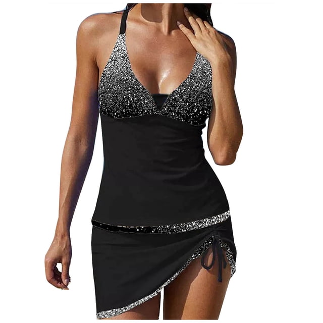 Ketyyh-chn99 Tankini Bathing Suits Tankini Tops 2024 High Waisted Ribbed Tankini Crop Top Swimsuit Set 2 Piece Black,L