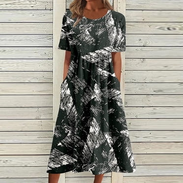 Aqestyerly Robe d'Été à Imprimé pour Femme, Col Rond, Manches Courtes, Robe de Vacances avec Poches, Robe de Plage Décontractée avec Imprimé Vibrant HWRETIE