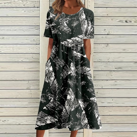 Meichang Women's Beach Floral Print Dresses with Pockets Short Sleeves Tshirt Sundress Lounge Round Neck Maxi Dress Pleated Flowy Tunic Comfy Vacation Sundresses