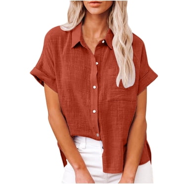 FAIWAD Women Cotton Linen Shirts Short Sleeve Button Office Blouses with Pockets V Neck Casual Business Tops