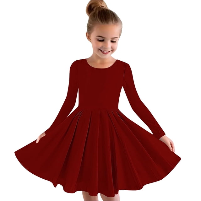 MeetoTime Robe de Performance pour Filles à Manches Longues, Couleur Unie, Col Rond, Extensible, Robe de Récital Scolaire, 4-14 Ans, Vêtements pour Enfants
