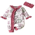 thumbnail image 1 of Newborn Baby Girls Long Sleeve Rompers Floral Print Ruffles Zipper Jumpsuits Bodysuit + Headband, 1 of 7