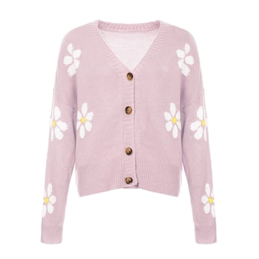 Pisexur Women's Knit Cardigan Sweaters Long Sleeve Open Front Cardigan Sheep V-Neck Button Down Daisy Embroidery Wool Blend Sweater Coat Outwear
