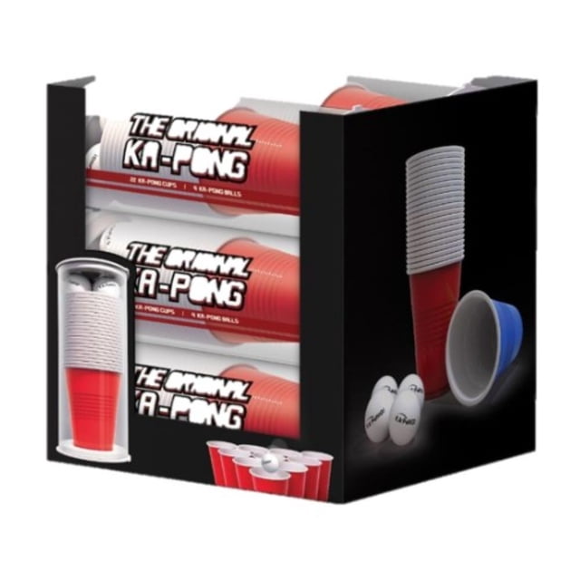 Ka-Pong classic set with three clear acrylic tubes that double as storage containers, each holding stacked red and white plastic cups in two team colours, plus four official white table tennis balls, displayed in black retail packaging suitable for portable team sports and scorekeeping.
