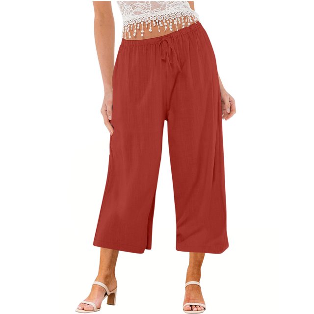 Yuyuzo Wide Leg Pants for Women High Waist Cotton Linen Drawstring Ruched Solid Color Boho Beach Trousers