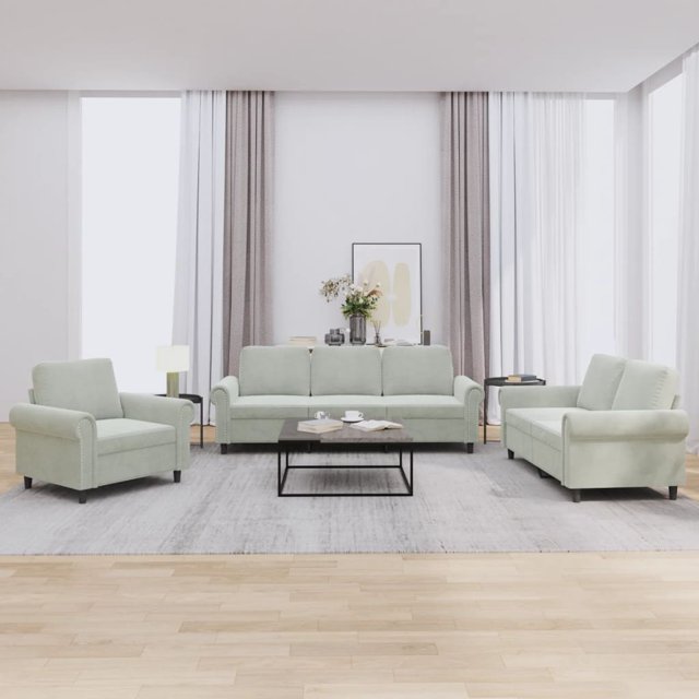 vidaXL 3 Piece Sofa Set with Cushions Light Grey Velvet
