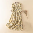 thumbnail image 4 of Meichang Robes en Coton et Lin pour Femmes Tendance à Boutons Robe Bohème Tunique Plissée à Imprimé Floral Col à Revers Robe d'Été Détente Manches Mi-Longues Taille Élastique Robe pour Plage Vacances, 4 of 8