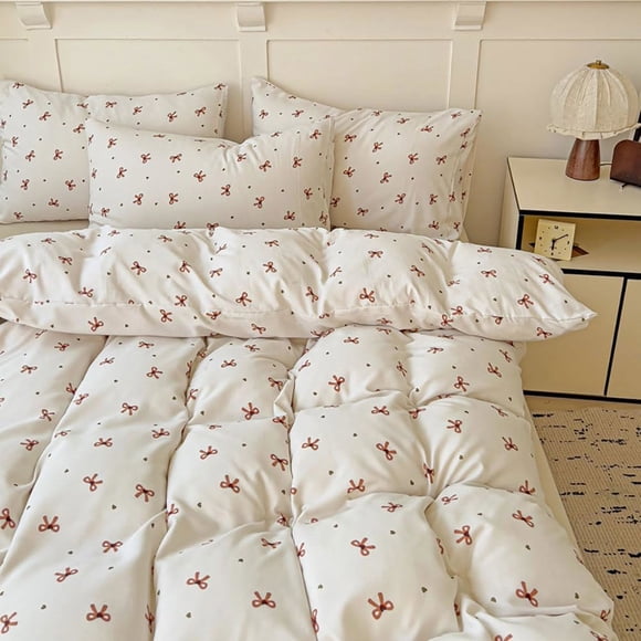 Nayoroom 2 Pieces Cartoon Bowknot Duvet Cover Set Brown Bow Tie Knot and Heart on White Bedding Set Soft Twin Comforter Cover Set
