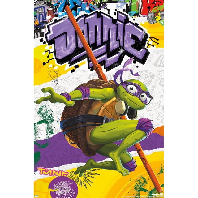 Chaos Mutant Les Tortues Ninja : - Affiche Murale Donatello, 22,375 Po x 34 Po, Représentant Donatello en pose Dynamique Portant un Masque Violet et des Lunettes, Tenant un Bâton en Bois, sur un Fond de Style Graffiti Coloré avec accents Violets et Jaunes, Convient à la Décoration Murale de Chambre Ou de Bureau.