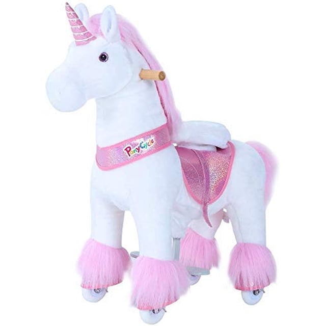 PonyCycle Authentic Unicorn Ride on Toys for Girls, featuring a pink plush unicorn design with a raised seat, hand brake, and upgraded wheels. Suitable for children aged 3-5, this 31.1-inch tall ride-on toy mimics the motion of a real pony, offering a fun and interactive experience. The unicorn has a soft, high-quality fabric finish, non-slip pedals, and a durable inner structure for smooth riding indoors or outdoors.