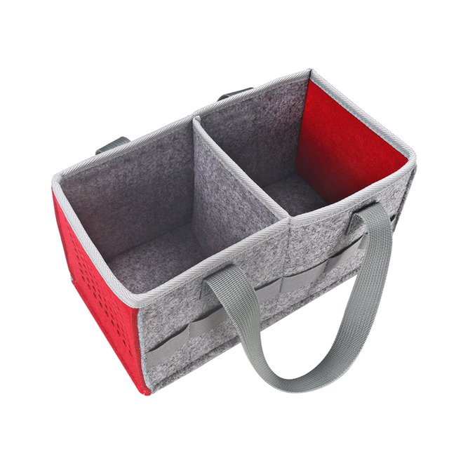 Storage Bag Organizer Speaker Felt Tote Bag Carrying Case compatible for Toniebox Audio Player Starter Set. A durable felt electronics carrying case with dual compartments, elastic straps for character storage, and a hollowed-out side for audio playback without removal. Features a wide, soft carrying strap for portability. Shown in red and grey with dimensions of 25 x 13 x 14 cm.