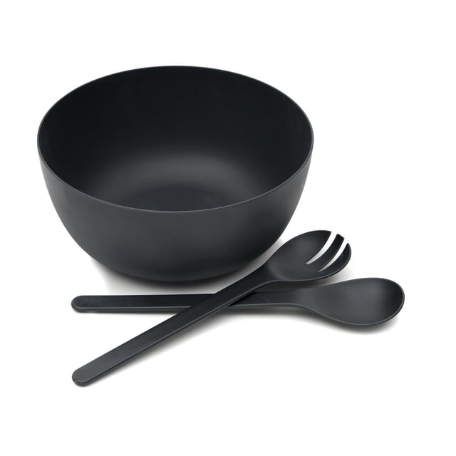 Ensemble de Salade 3 Pcs en Plastique avec Bol de Service Rond Noir Mat à Grand Ouverture et base Plate, Assorti à une Cuillère de Service Surdimensionnée et à une Fourchette à Dents en Matériaux 100 % Naturels, Biodégradables et Compostables, Idéal pour Servir des Salades et des Soupes et Adapté à des Repas Écologiques.