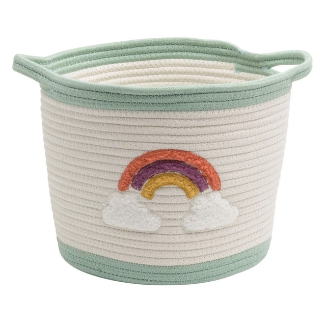 Cotton Rope Storage Basket with Boucle Rainbow Patch, round with off-white cotton rope and sage green trim, featuring a textured boucle rainbow patch in orange, purple, and yellow over white clouds, with handles for easy carrying, measuring 12.25 in. L x 12.25 in. W x 9.5 in. H, suitable for household storage, pet toys, or organizing small items.