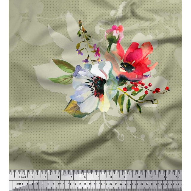 Soimoi Poly Georgette Fabric Dot,Leaves & Anemone Flower Fabric Prints By Yard 52 Inch Wide
