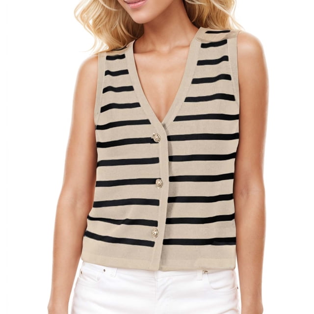 LOVZFMLL Camisoles pour Femmes Cardigan Décontracté Ample à Boutons Chandail à Rayures à Col en V