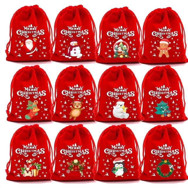Inkcraft Christmas Velvet Drawstring Pouch - Santa Candy Gift Snack Wrapping, Xmas Party Favor & Jewelry Storage Bag, 10pc