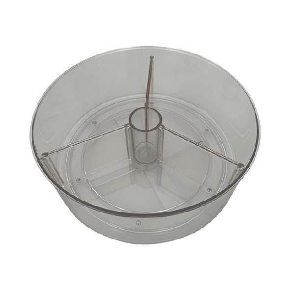 Mainstays Clear 3-Compartment Rotating Storage Organizer, 100% PET centered front view of a clear PET rotating spinner with three equal divided compartments on a 360° spinning base; stainless steel ball-bearing pivot at the base, shown holding spice jars and makeup brushes on a white counter, suitable for kitchen, bathroom or craft storage and often used to keep small tools and supplies organized for easy access.