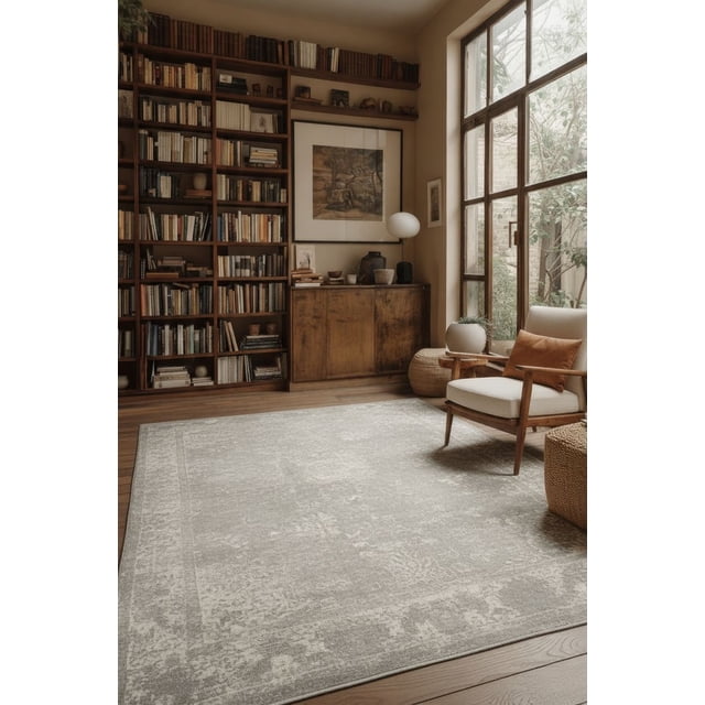 Rug Branch Havana Collection Traditional Distressed Area Rug in grey with a low-cut pile and vintage distressed pattern, laid on hardwood floor in a reading nook featuring a tall wooden bookshelf filled with books, a wooden cabinet with decorative pottery and lamp, a beige armchair with a brown cushion, and large windows with natural light.