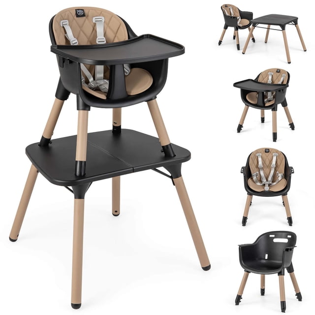 Babyjoy Chaise Haute pour Bébé 4 en 1 Convertible, Ensemble Table et Chaise pour Tout-Petit avec Coussin en PU Brun. Cette Chaise Haute Polyvalente Se Convertit en Siège Rehausseur pour Tout-Petit, Table et Chaise pour Enfants Ou Siège de Sol pour Nourrisson. Elle Comprend un Coussin en PU Amovible, un Plateau Réglable à Deux Niveaux et un Harnais à 5 Points pour la Sécurité. la structure Pyramidale avec Patins Antidérapants pour les Pieds Assure la Stabilité. Fabriquée en PU, PP et Métal, Elle Est Légère, Facile à Nettoyer et Convient aux Bébés de 6 à 36 Mois. la Chaise et la Table Supportent Chacune
