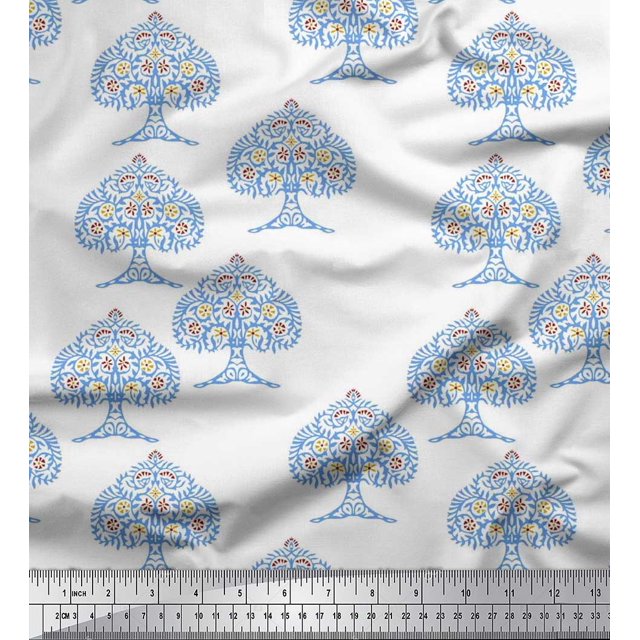 Soimoi Polyester Crepe Fabric Tree Block Print Fabric by Yard 52 Inch Wide