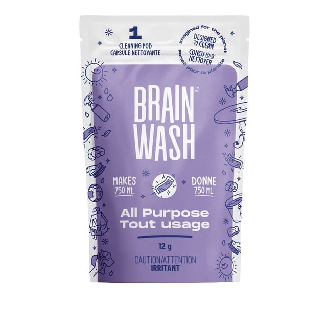 Brain Wash All Purpose Cleaner refill pod package indicating it makes 750 ml of cleaner and weighs 12 g