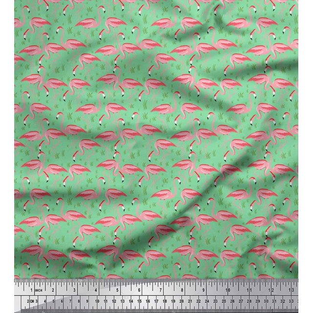 Soimoi Polyester Crepe Fabric Grass & Flamingo Bird Fabric Prints by Yard 42 Inch Wide