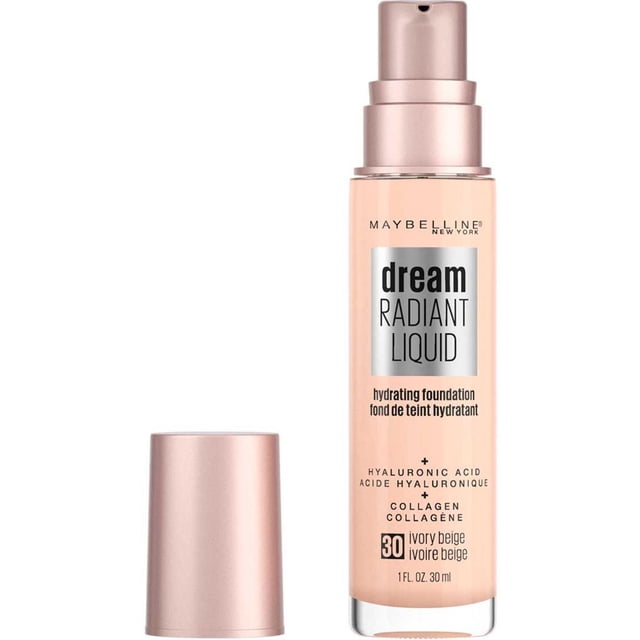 Radiant Liquid Medium Coverage Hydrating Foundation by Maybelline New York in shade 30 ivory beige, a 30 ml pump bottle with rose gold cap, formulated with hyaluronic acid and collagen to hydrate skin up to 12 hours for a smooth, natural finish ideal for dry skin.