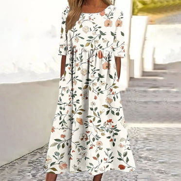 Weiqiqre Robes Maxi pour Dames Âgées Tendance à Manches Courtes Mode avec Poche Plage Été Robes Évasées à Imprimé Floral pour Femmes