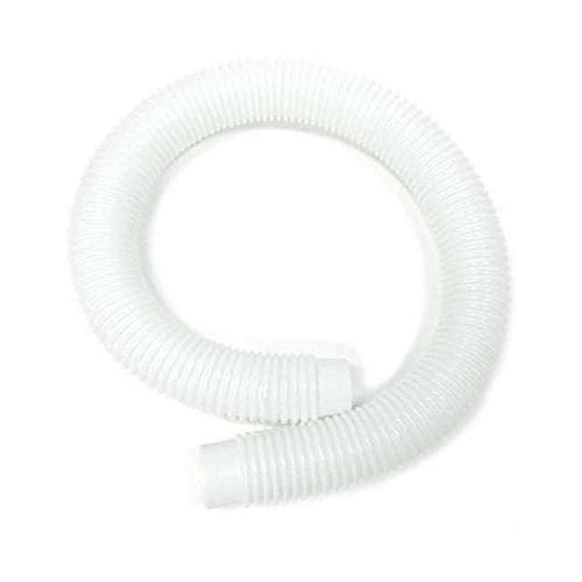 Summer Waves Replacement 1.5" x 2' Plastic Return or Suction Hose for Pools, shown in a coiled position. This white ribbed plastic hose is designed for use with Summer Waves X1000, X1500, and 1500+ skimmer systems, guiding water either from the pump back to the pool or from the pool into the pump.