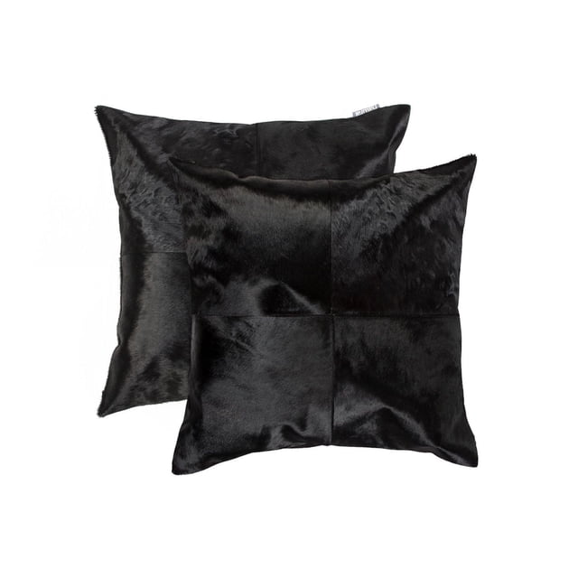 TORINO QUATTRO COWHIDE PILLOW 18"X18" 2-PACK showing two black natural cowhide throw pillows with hand-stitched patchwork panels, hidden zipper closures, and soft microsuede backing, ideal for layering in home décor to add texture and warmth.