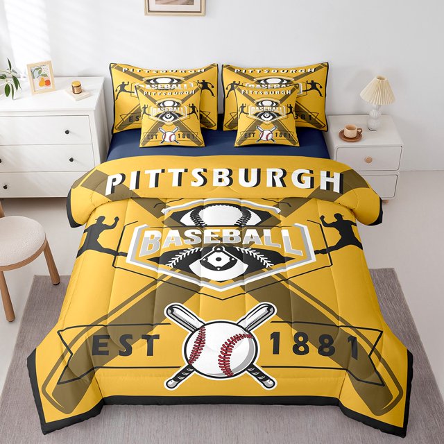 YST Ensemble de Literie 7 Pcs Tout-en-un Format Double Ensemble de Couette Garçons Ensemble de Literie Baseball, Ensemble de Lit Sport Réversible, Couette en Microfibre Douce Équipe de Baseball avec Ensemble de Draps, Toutes Saisons, Pittsburgh