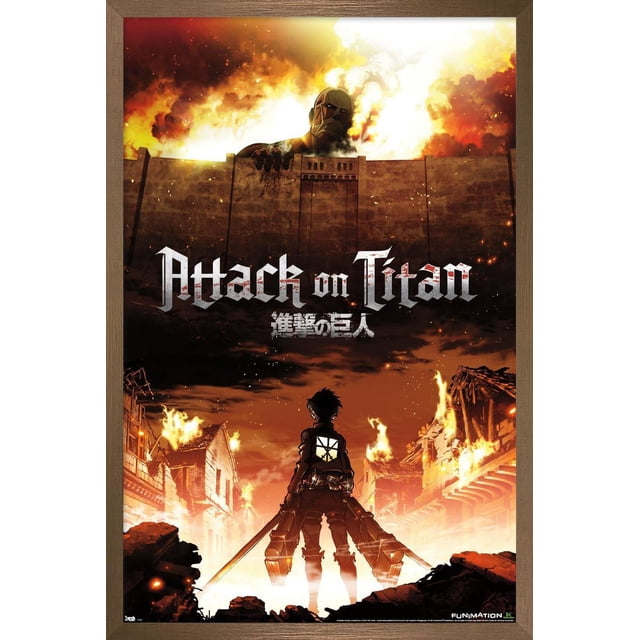 Attack on Titan - Fire Wall Poster, 22.375" x 34" depicting a colossal Titan looming over a stone wall with flames and smoke in the background. A soldier with dual swords stands amid burning buildings under a fiery sky. This high-resolution anime poster on glossy paper is ideal for manga wall art and anime room decor.