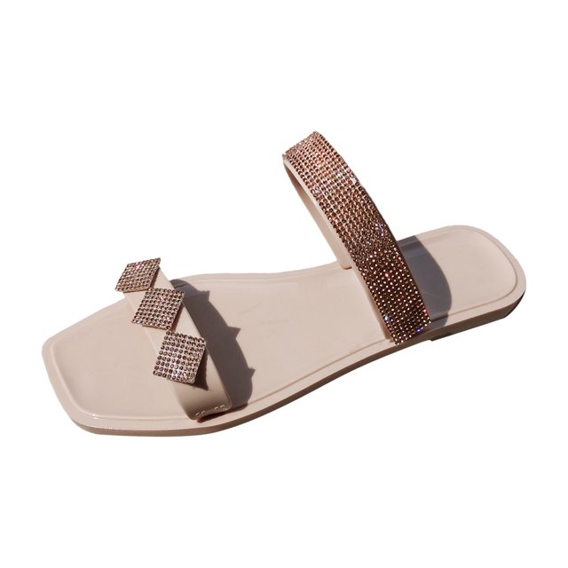 BADHUD Women's Flat Sandals Flat Slide Sandals with Rhinestone Open Toe Slide Sandals Comfort Casual Walking Sandals