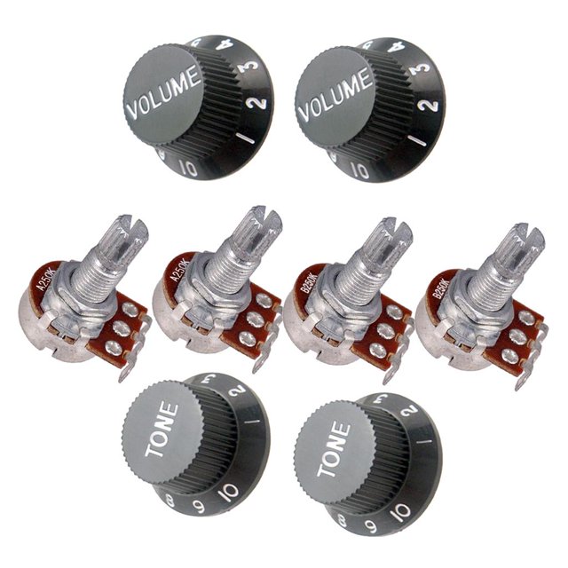 A250K B250K small size long split shaft pot audio taper guitar potentiometers and volume control knob accessories set. Includes 2 A250K and 2 B250K split shaft linear taper potentiometers with brass bushing and reinforced shafts, along with 4 black and silver rotary control knobs labeled for volume and tone. Suitable for musical instruments, home appliances, and toy electronics. Made of plastic and metal, with an approximate size of 18mm (0.71 inches).