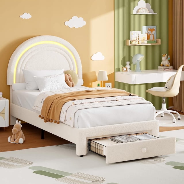 Ourlova Twin LED Upholstered Bed for Bedroom- Princess Platform Bed with Rainbow Headboard- Storage Drawer- No Box Spring- Easy Assembly- Beige - Playful Design for Girls