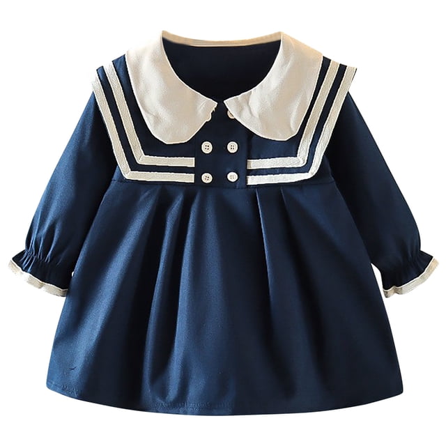 Besolor Baby Girls Dress Fall Long Sleeve Collared Cotton Dress Toddler Button Front Color Block Uniform Dress