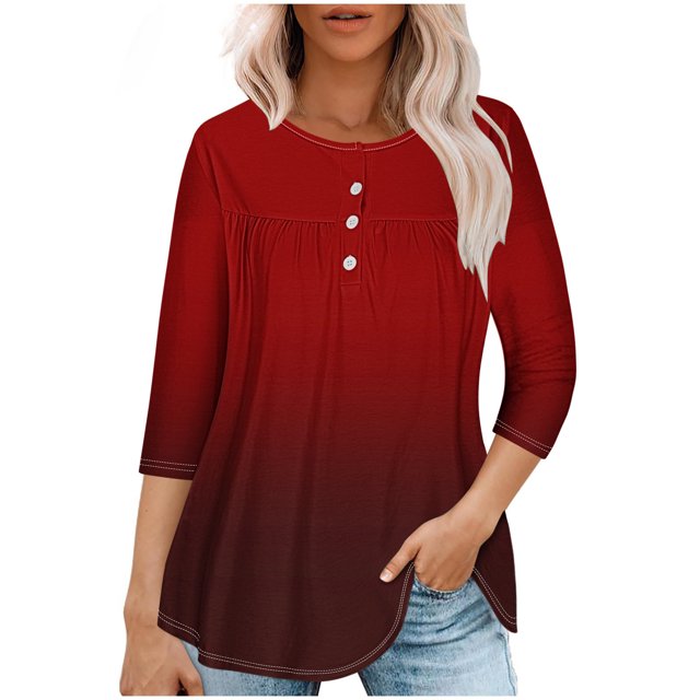 Pisexur Womens Plus Size Sweatshirt Gradients 3/4 Length Sleeve Tops Fall V-Neck Blouses Spring Ruffle Sleeve Tunic T-Shirts Dressy Casual